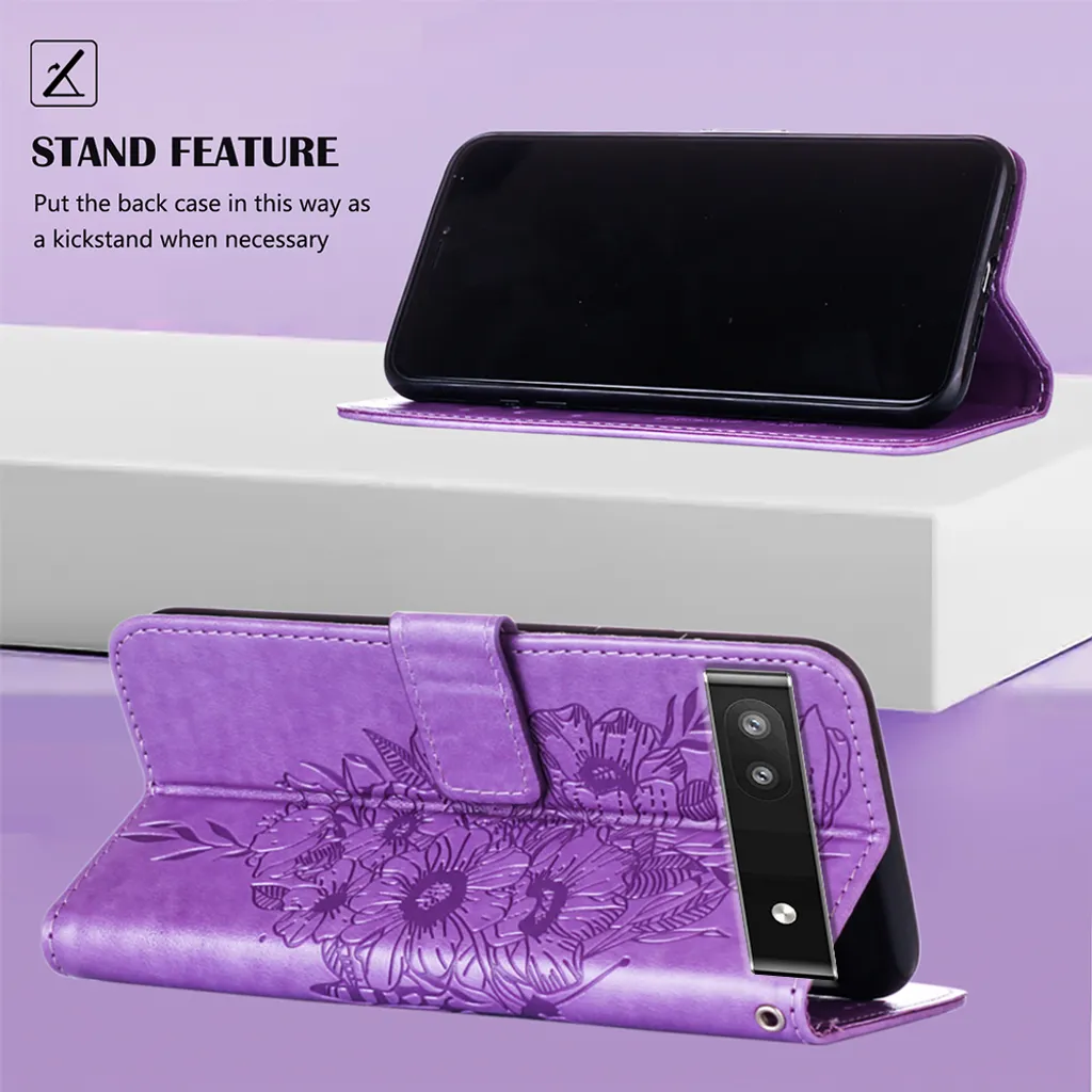 Custodia Google Pixel 6A Viola a Libro - Farfalla 3D in Pelle PU - 2