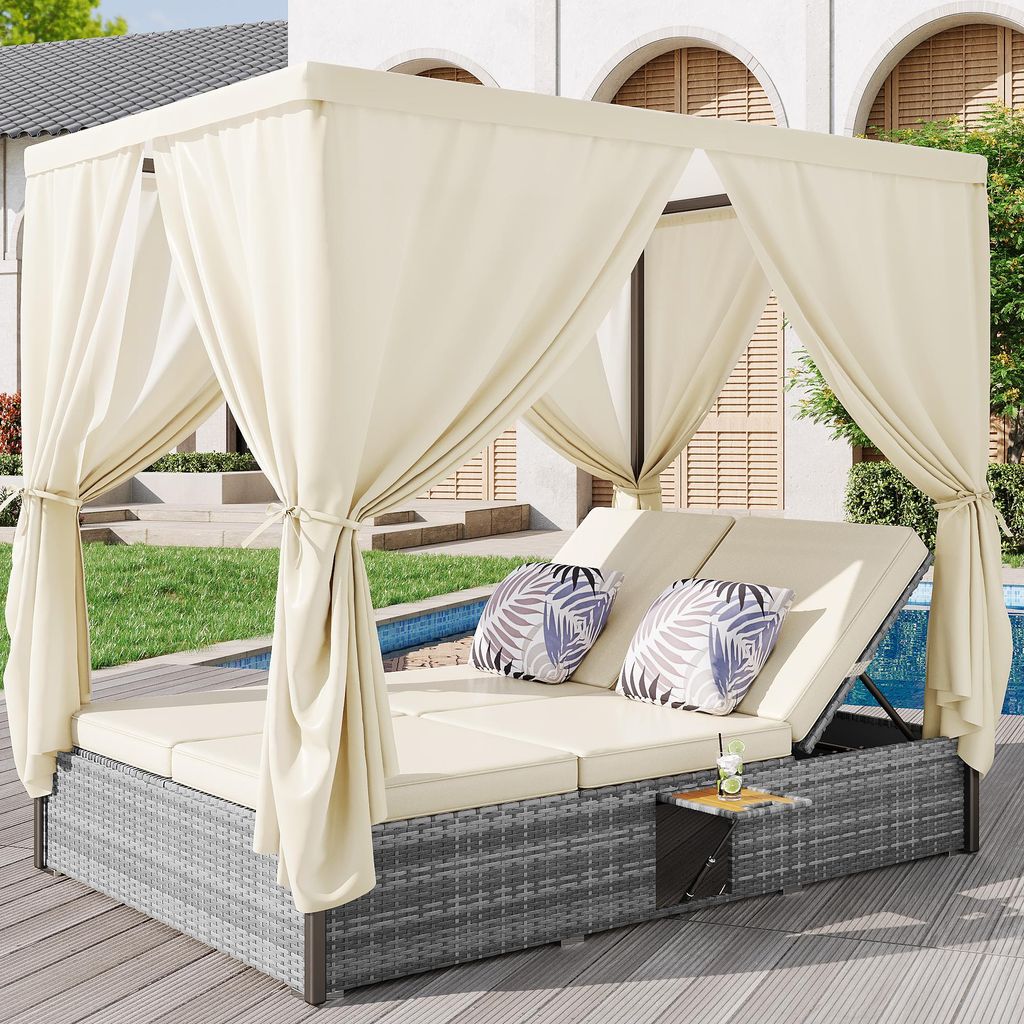 Gartenliege Doppelbett mit Schattenvorhang, Rattanliege, Outdoor-Möbel für Lounge, Balkon und Garten, wetterfest, klappbar, mit Kissen und Klappt...