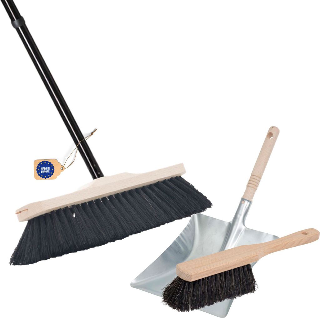Novaliv Zimmerbesen mit Stiel stabil ECHTES ROSSHAAR Besen weiche Borsten Schrankbesen 4 tlg Steckstiel und Handfeger Kehrblechgarnitur Metall Verz...