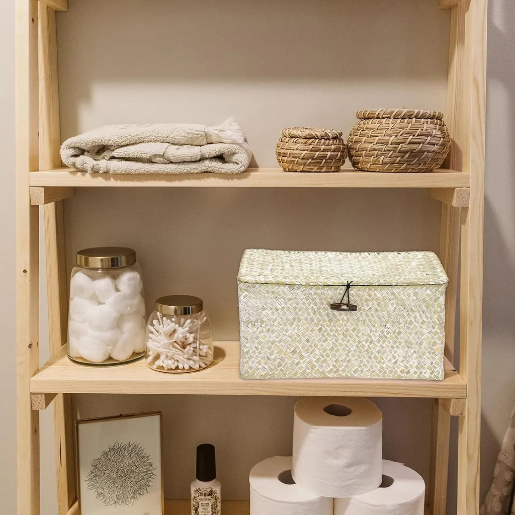 Boîte de rangement pour salle de bain et salon en jonc de mer tressé blanc