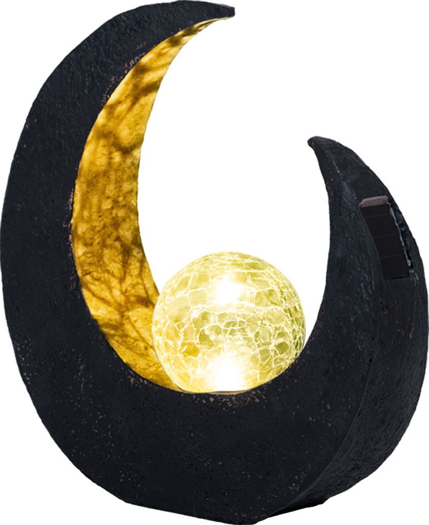 LED Solarlampe, Halbmond, schwarz gold, Glaskugel, H 30,5 cm