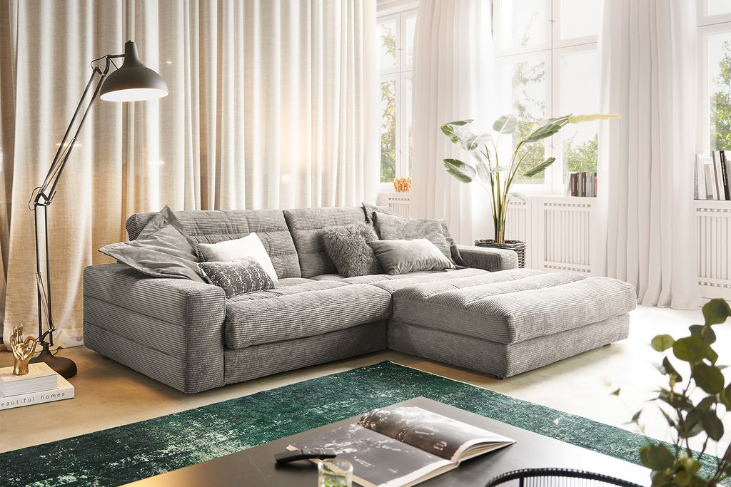 KAWOLA Sofa LANA Ecksofa Cord steingrau Recamiere rechts