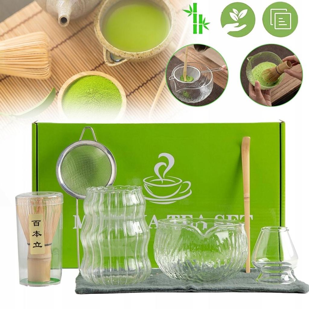 Matcha Teezeremonie Set, Matcha Schneebesen, Glas Schale, Teelöffel, Tasse, Sieb, Teetuch, Premium Japanese Matcha Tea Set - 7-teilig