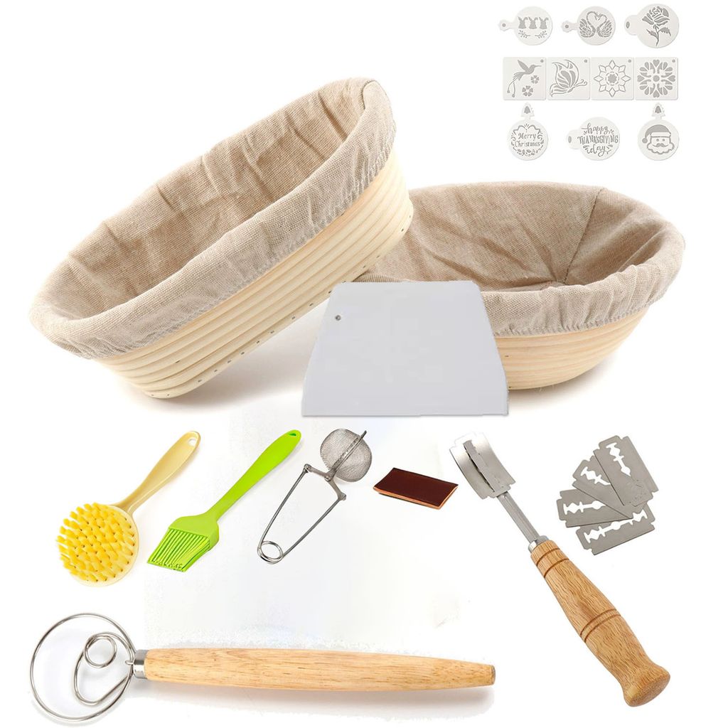 Gärkorb zum Brotbacken Bäckermesser Brotbackform Gärkörbchen Oval (Oval 25 cm und Rund 22cm Innen mit Leinentuch Nachhaltig und Natürlich 1-tlg)
