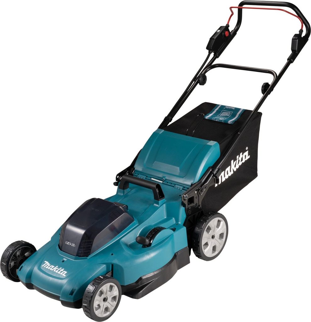 A teal and black cordless lawnmower is shown against a white background.