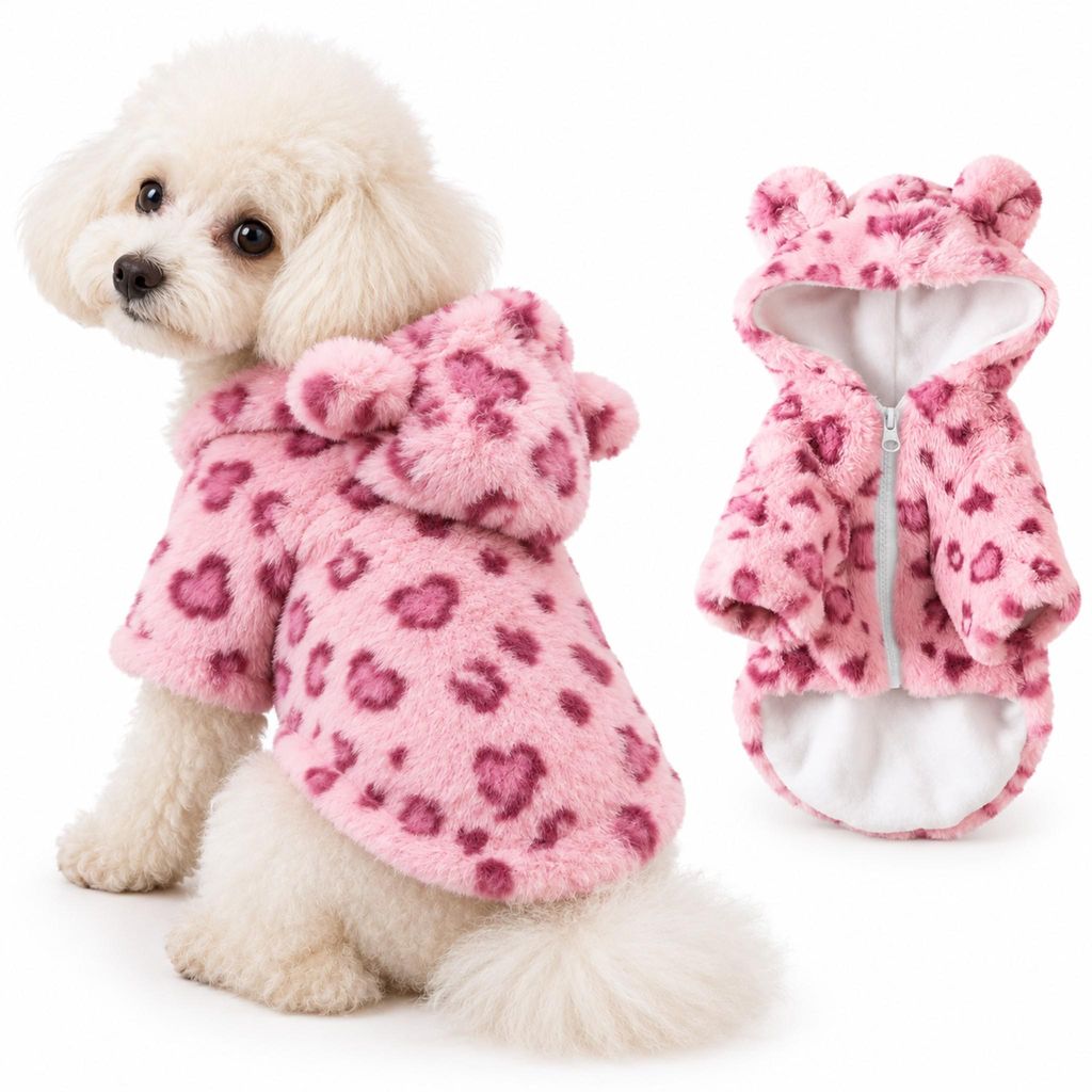 Hundejacke Plüsch im Leo-Design mit Kapuze & Ohren – Produktbild 