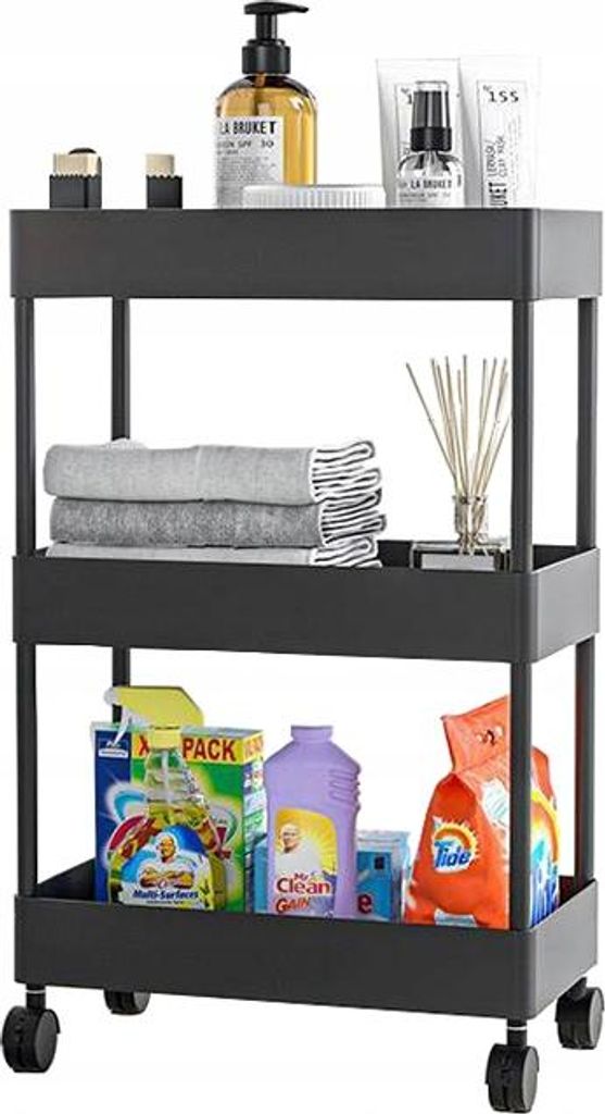 A black three-tier rolling cart filled with various household cleaning and personal care products.