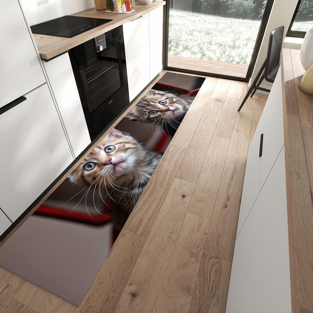 Küchenteppich 60x300cm rutschfest & abwischbar PVC Läufer - Katzen im Koffer