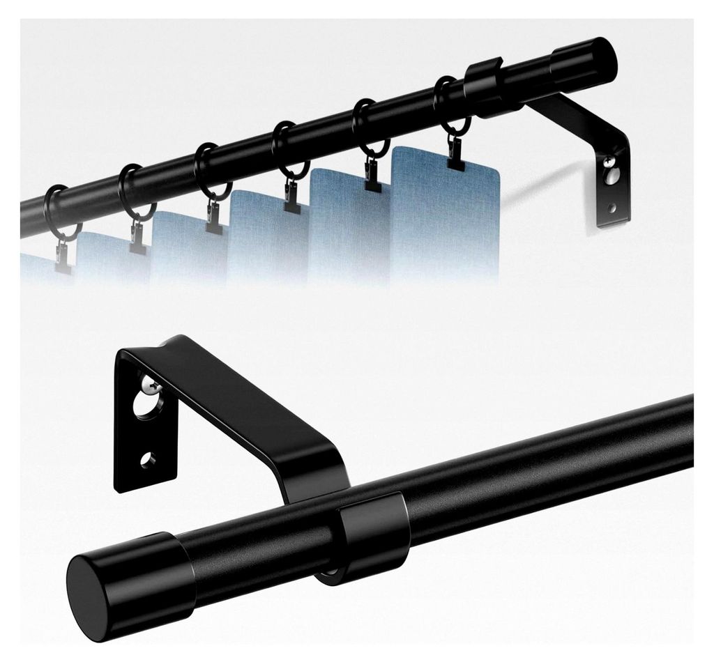 Gardinenstange, 68 bis 157 cm, Schwarz, Wandmontage, Set mit mattschwarzen Gardinenstangen, Metall, 16 mm Durchmesser, 1,5 m lang