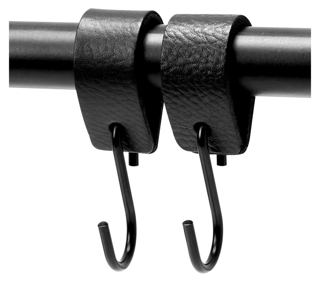 S-Haken mit Lederschlaufe - Schwarz - 2X - 12,5 x 2,5 cm - Kleiderhaken, Garderobenhaken, Fleischerhaken, Leder