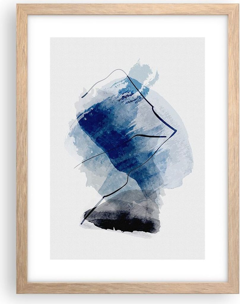Gerahmtes Poster - Rahmen in heller Eiche - Blau Schwarz Abstraktion - 30x40 cm - Wand Bild - Wanddeko - Wandbilder - Kunstposter - Wandposter - Bi...