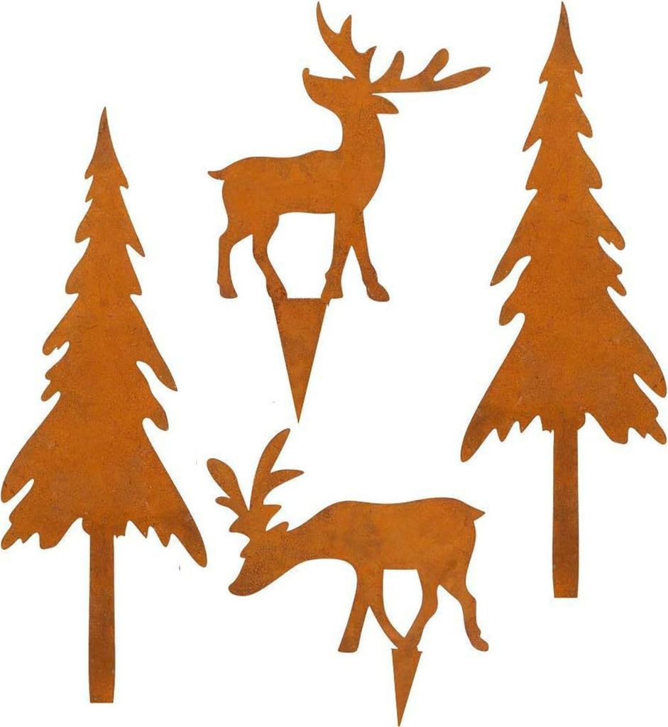 4er-Set Weihnachtsbaum-Gartenstecker, robust, für Terrasse, Garten oder Rasen, rostiges Metall, Elch-Silhouette, Schild, Spieß, Dekoration, Ornam...