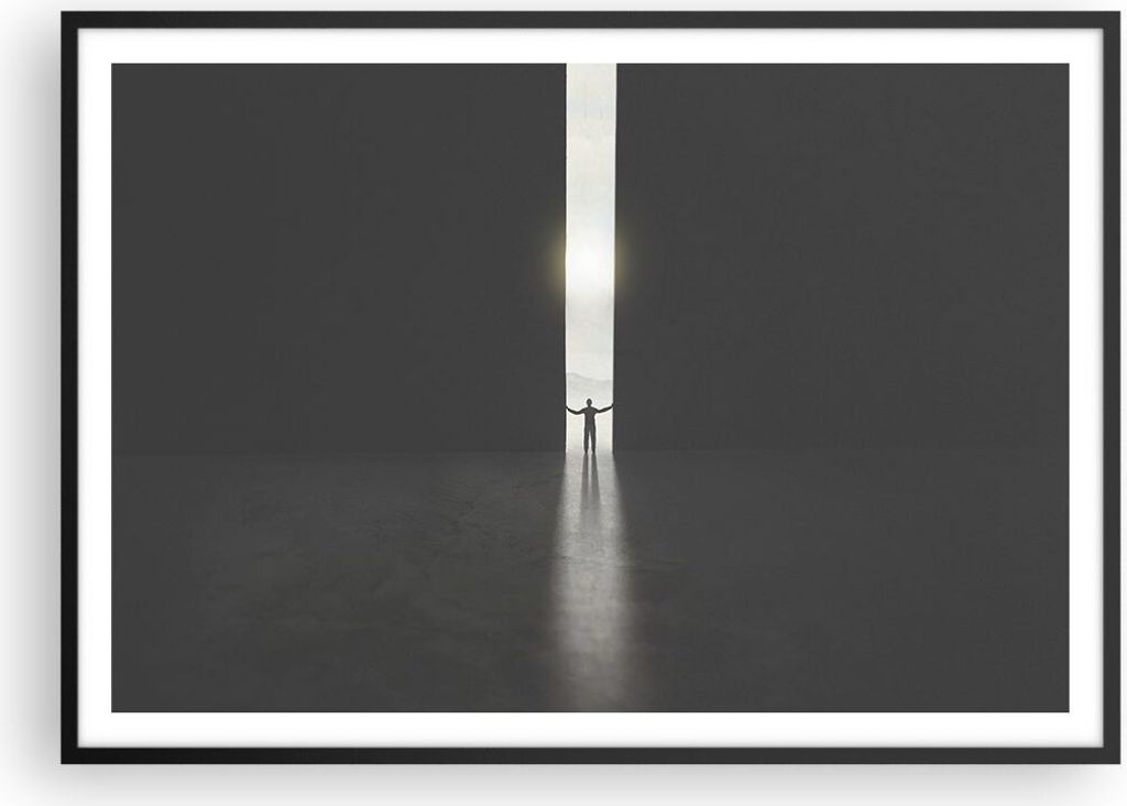 Gerahmtes Poster - Schwarzer Rahmen - Tor Mensch Licht - 100x70 cm - Wand Bild - Wanddeko - Wandbilder - Kunstposter - Wandposter - Bilderrahmen - ...