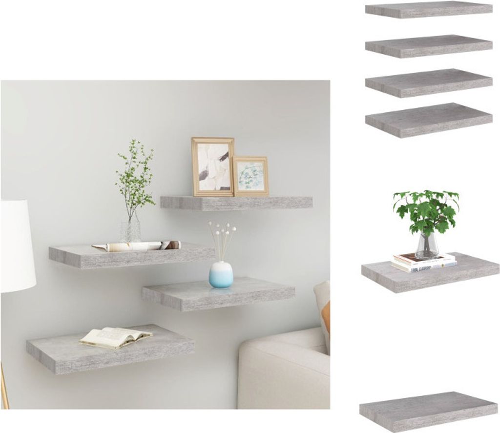 vidaXL Schweberegale 4 Stk. Betongrau 50x23x3,8 cm MDF - Wandregale