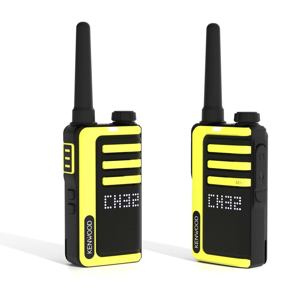 Two yellow and black Kenwood walkie-talkies are shown side-by-side against a white background.