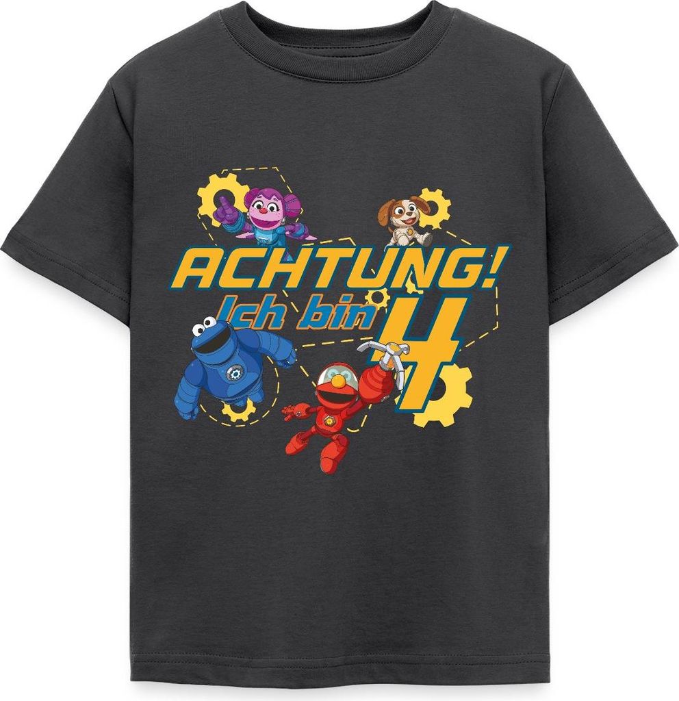 Spreadshirt Mecha Builders Kinderhelden Team Achtung Ich Bin 4 Kinder T-Shirt, 122/128 (7-8 Jahre), Dunkelgrau