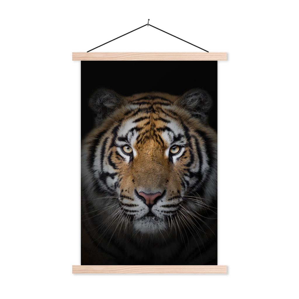 MuchoWow Textilposter Tiger - Wildtiere - Porträt - Schwarz - Tiere 120x180 cm mit holzfarbenen Rahmen - Textil-Plakat