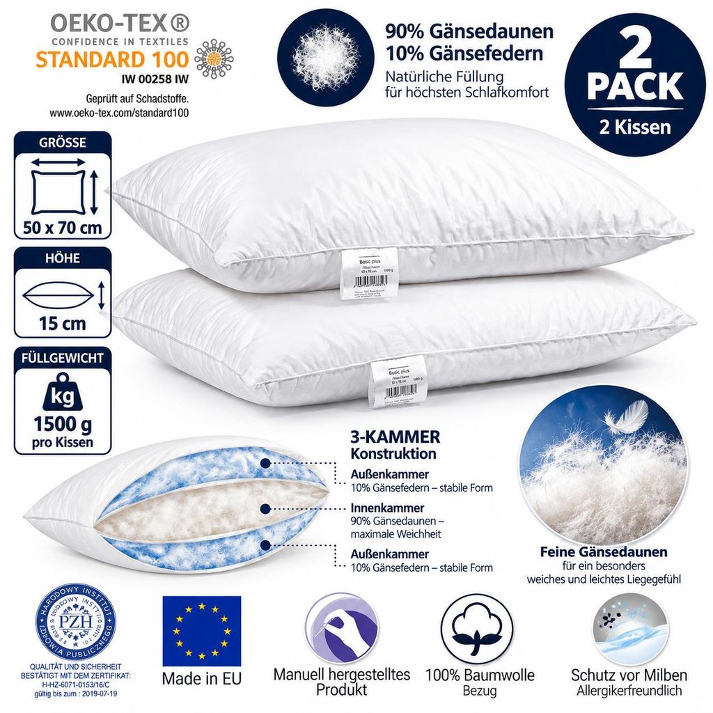 2er Set Dreikammer Kopfkissen 50x70 cm 1000 g – 90% Produktbild 