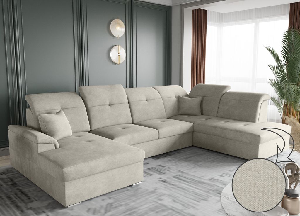 Kaiser Möbel Ecksofa mit schlaffunktion und bettkasten, Schlafsofa, Sofa U Form, Couch U Form BARON stoff Brooklyn Hellbeige Links
