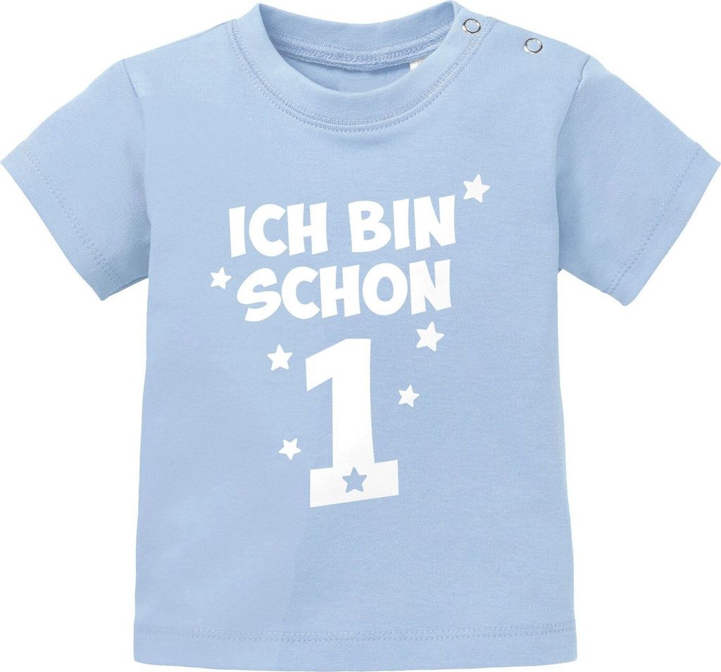 Baby T-Shirt kurzarm Spruch Ich bin schon 1 - 1. Geburtstag Baby Kinder Geschenk für Einjährige Moonworks hellblau 68/74 (4-9 Monate)