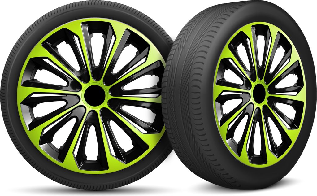 Auto Radkappen Radzierblenden 4er Set passend für alle Stahlfelgen - einstellbarer Sicherungsring - 14 Zoll - Schwarz Grün