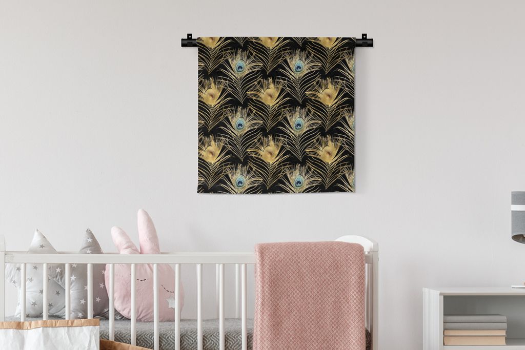 MuchoWow Wandteppich Wandbehang Muster - Pfauenfedern - Gold 60x60 cm Tapisserie Dekoration Wandtuch - Dekorationen - Wand Decke