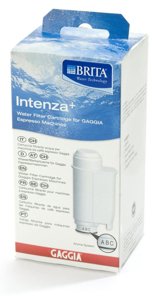 A product box for a Gaggia Brita water filter cartridge.
