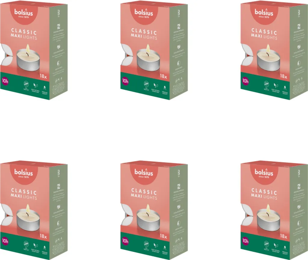 Bolsius - Maxi - Luci da tè - 18 pezzi per confezione - Scatola - Value pack - 108 pezzi - 6 confezioni