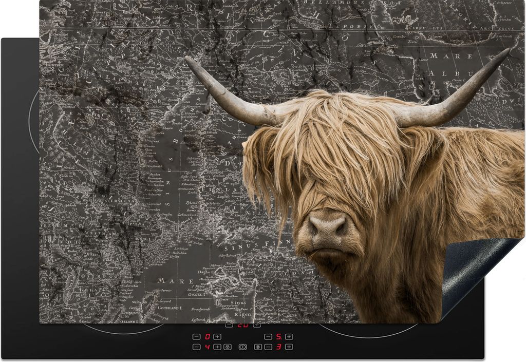 KitchenYeah Herdabdeckplatte Schottischer Highlander - Weltkarte - Tiere , 78x52cm, Küche Deko, Glaskeramikfeld Herdabdeckung, Abdeckplatte fùr...