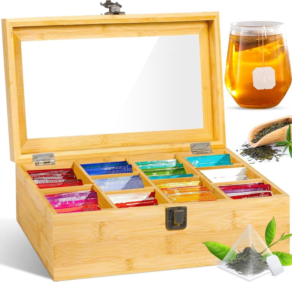 Hölzerne Teebox 10 Fächer 29,5 x 16 x 9 cm - Teebeutel Aufbewahrungsbox - Flexibel verstellbare Fächer - Teebeutelbox - Aromageschützte Lagerun...