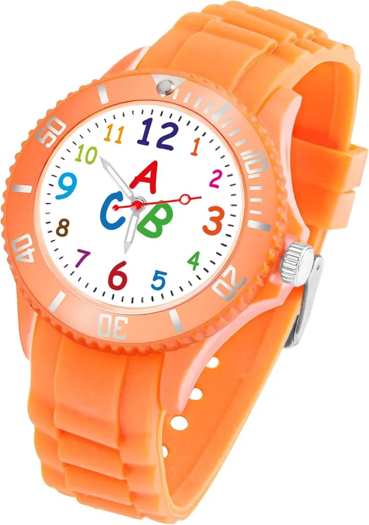 Simpatico orologio da polso per bambini con motivo ABC - 34 mm, analogico, al quarzo, cinturino in silicone colorato, resistente agli schizzi, ideale come orologio didattico per bambini e bambine!