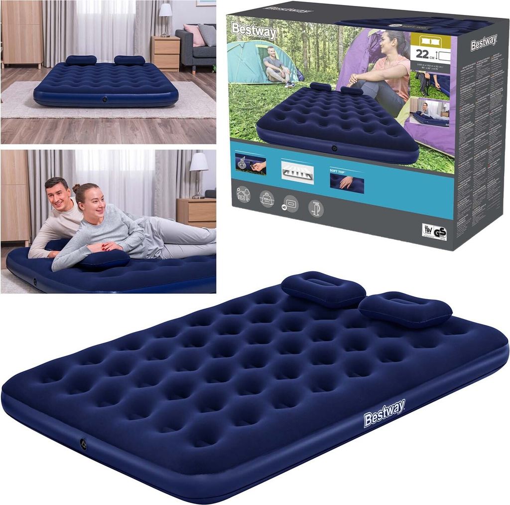 Collage showing a Bestway air mattress in different settings, including indoors and outdoors, with people using it.