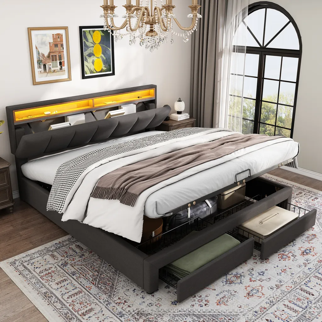Lit rembourré Flieks 180x200cm avec sommier à lattes et 2 tiroirs - Gris