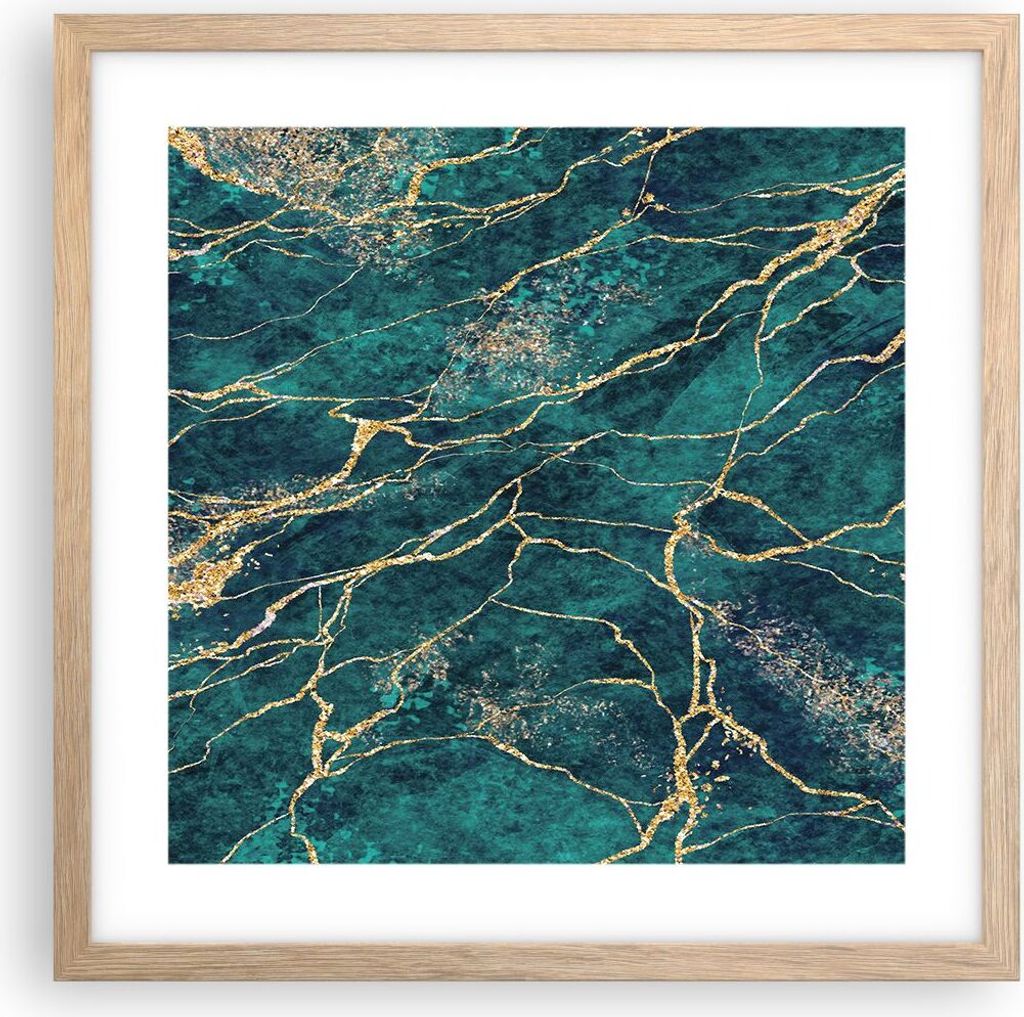 Gerahmtes Poster - Rahmen in heller Eiche - Abstraktion Gold Türkis - 40x40 cm - Wand Bild - Wanddeko - Wandbilder - Kunstposter - Wandposter - Bi...