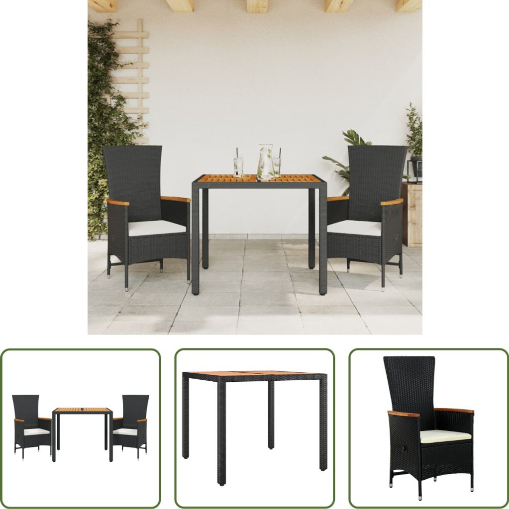 The Living Store 3-tlg. Garten-Essgruppe mit Kissen Schwarz Poly Rattan