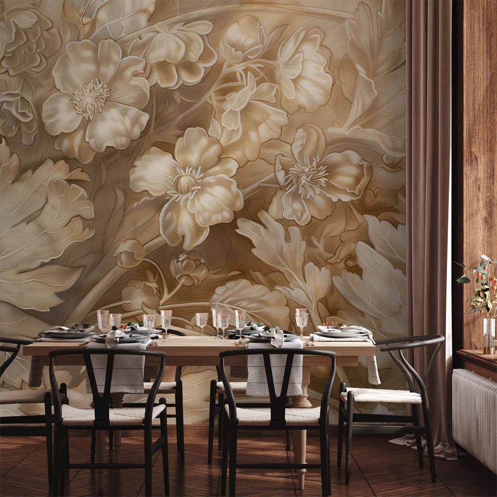 Vlies Fototapete - Floral Ornaments Carved in Delicate Sepia and Brown Shades 350x256 cm Blumen b-H-10015-a-a