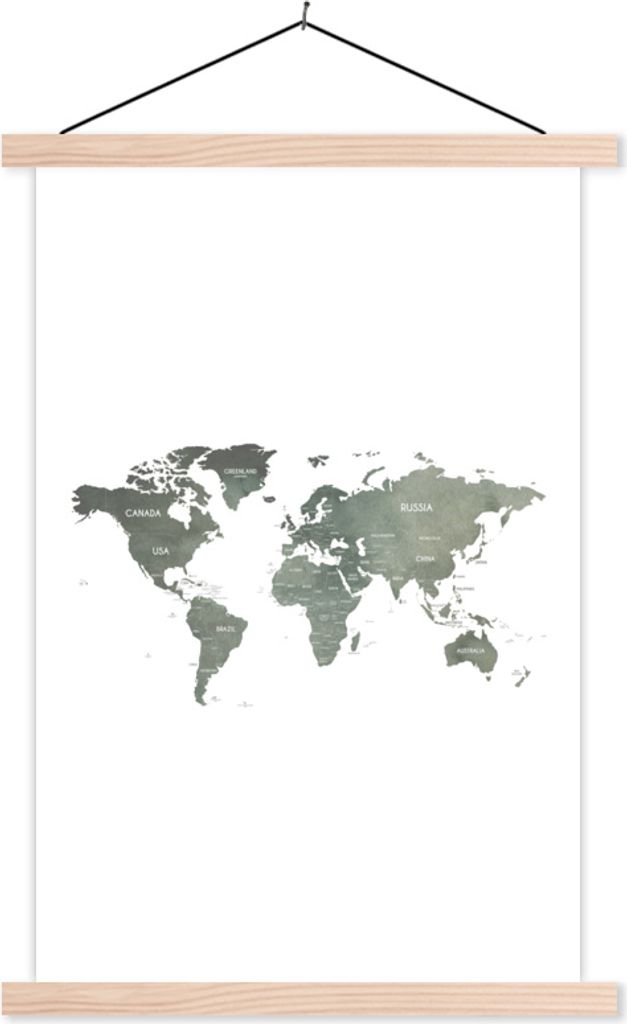 MuchoWow Textilposter Weltkarte - Grau - Land 120x180 cm mit holzfarbenen Rahmen - Textil-Plakat