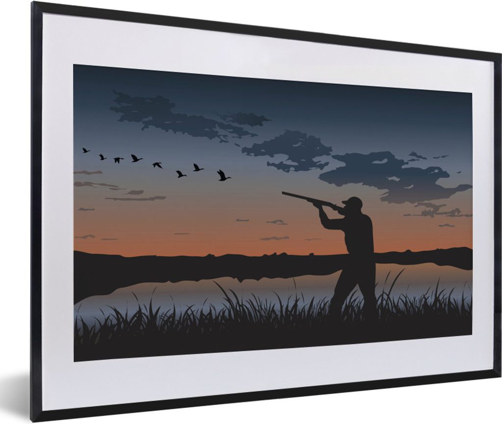 MuchoWow Gerahmtes Poster Eine Illustration eines Entenjägers, der bei Sonnenuntergang jagt 60x40 cm - Poster mit Schwarzem Bilderrahmen Wandpos...