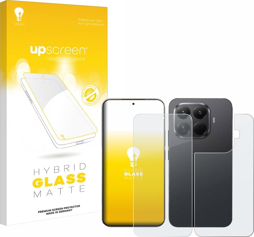 A product box and its contents, including a smartphone and screen protectors.