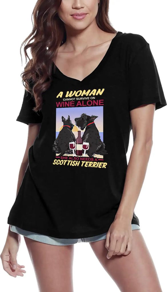 Damen Grafik T-Shirt V-Ausschnitt Eine Frau kann nicht nur von Wein leben sie braucht auch einen schottischen Terrier – A Woman Cannot Survive On...