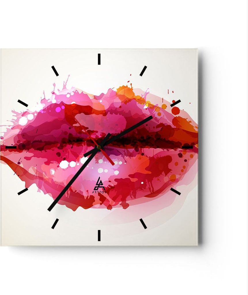 Wanduhr - Quadrat - Glasuhr - Rote Lippen glänzend Lippe Glanz - 40x40cm - Schleichendes Uhrwerk - Lautlos - zum Aufhängen bereit - Dekoration Mo...