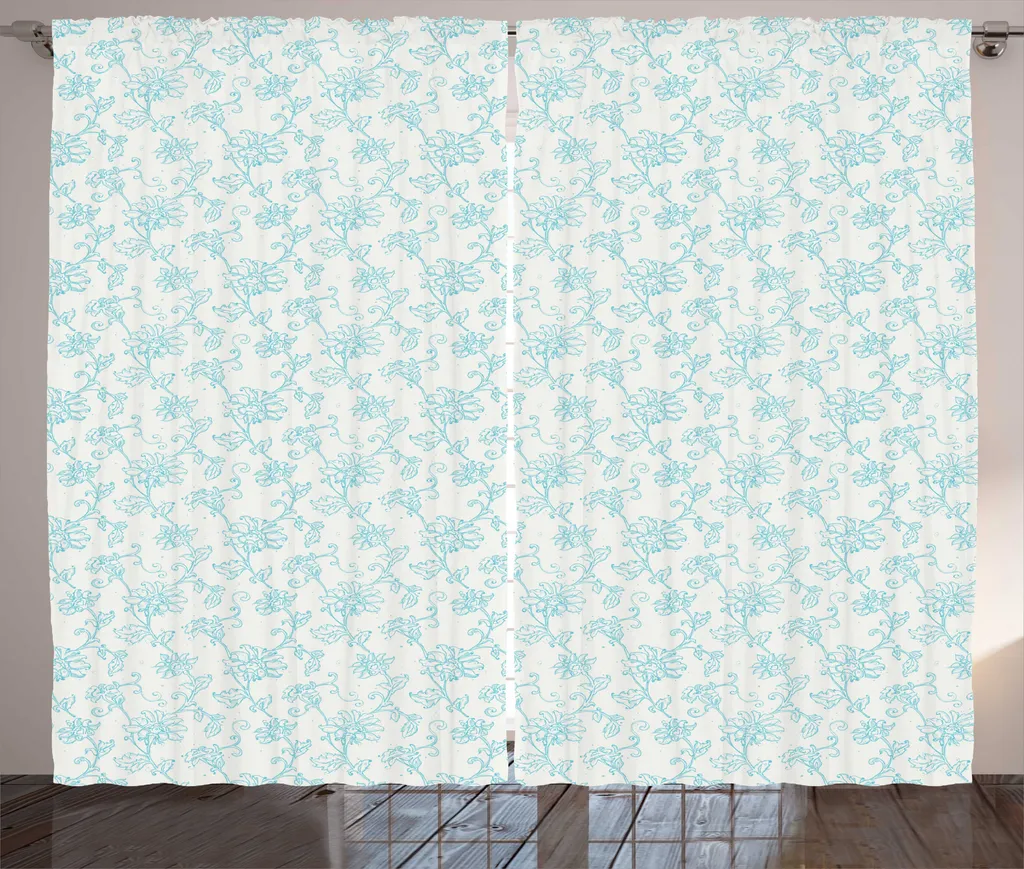 Rideaux botaniques ABAKUHAUS fleurs romantiques bleu et blanc 280x225cm
