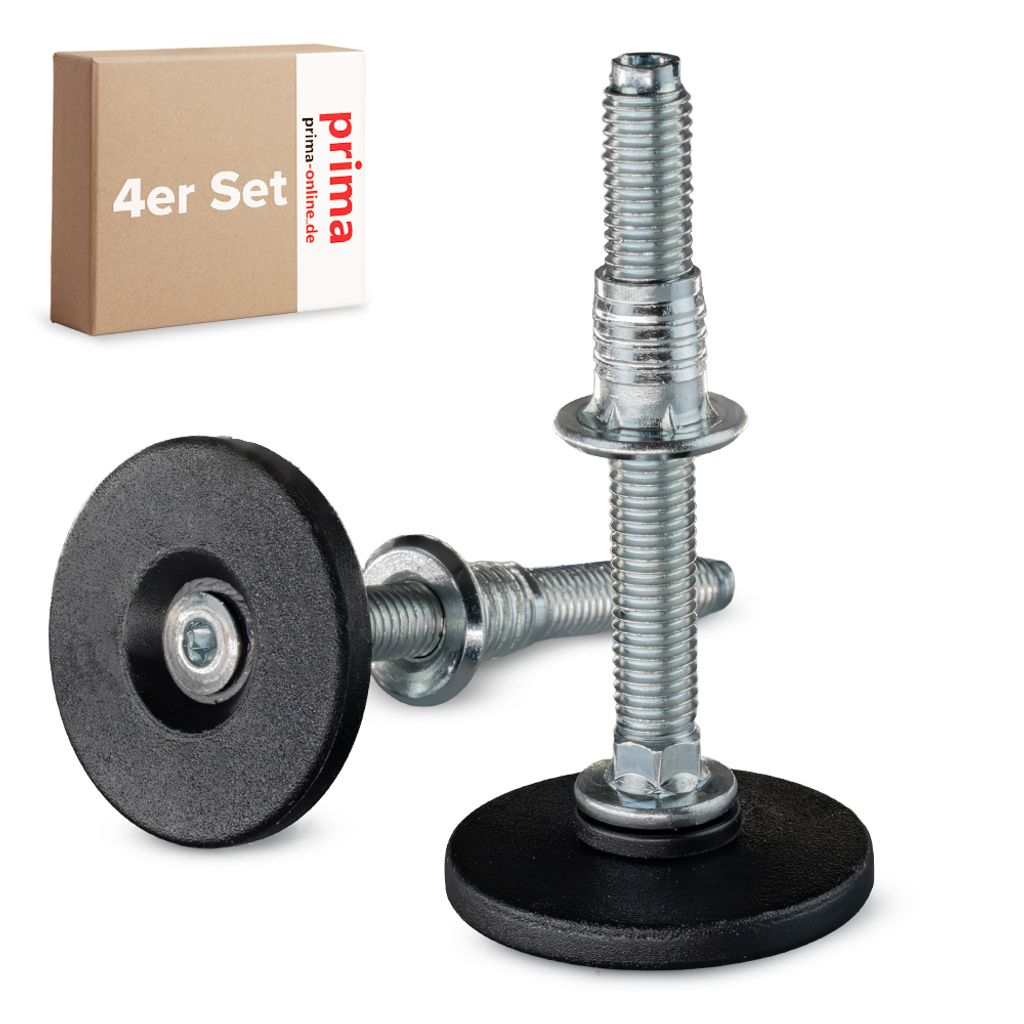 A product shot of adjustable feet for furniture, with a box in the background.