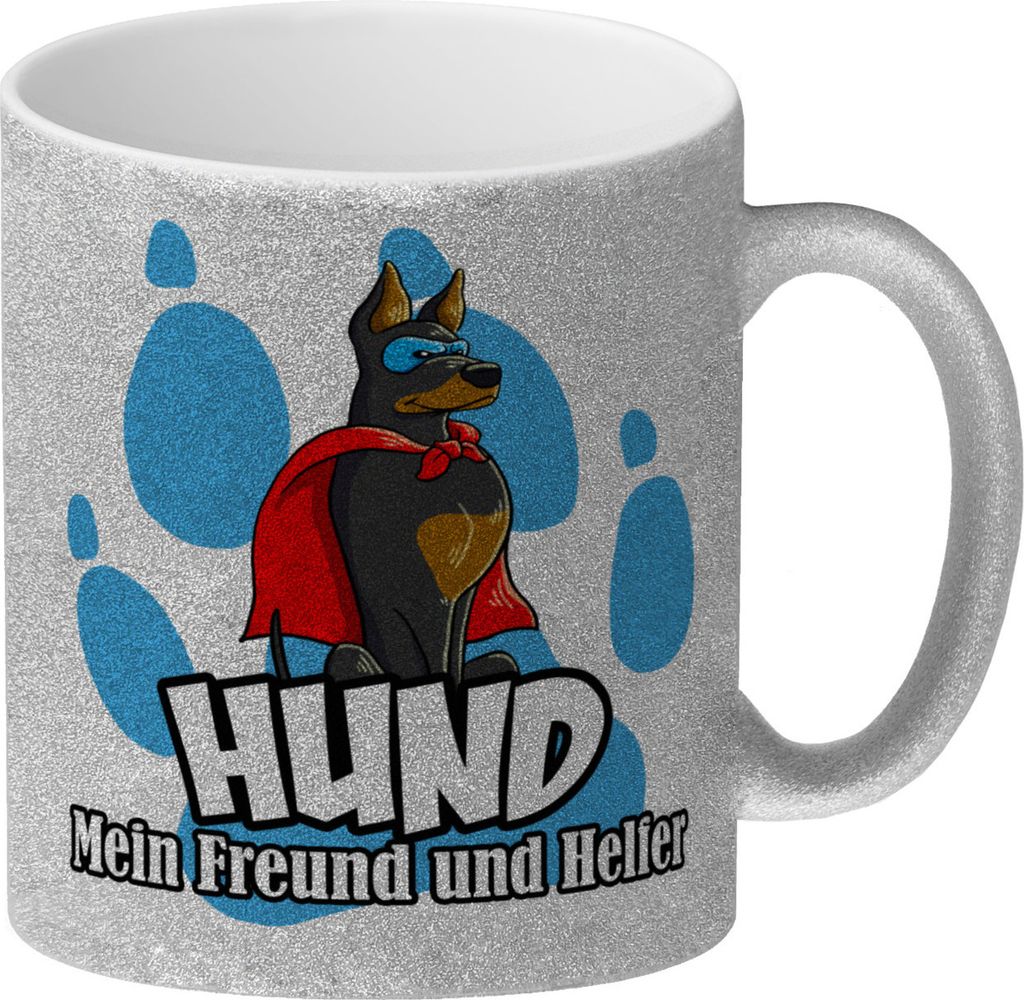 Glitzer-Kaffeebecher mit Superhelden - Dobermann - Hund mein Freund und Helfer