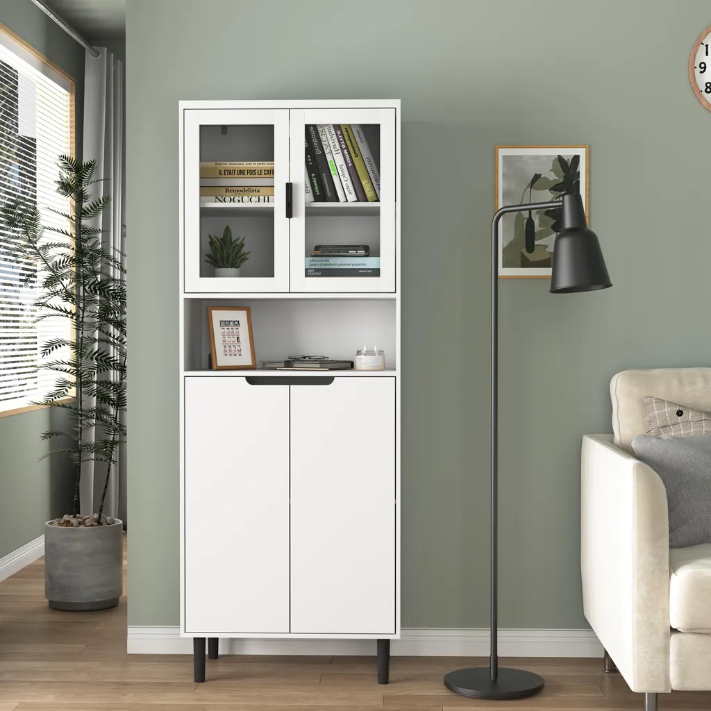 Armoire Vitrine Blanche avec Portes en Verre et Tiroirs de Rangement