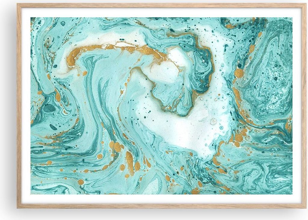 Gerahmtes Poster - Rahmen in heller Eiche - Abstraktion blau Wasser modern - 100x70 cm - Wand Bild - Wanddeko - Wandbilder - Wandposter - Bilderrah...