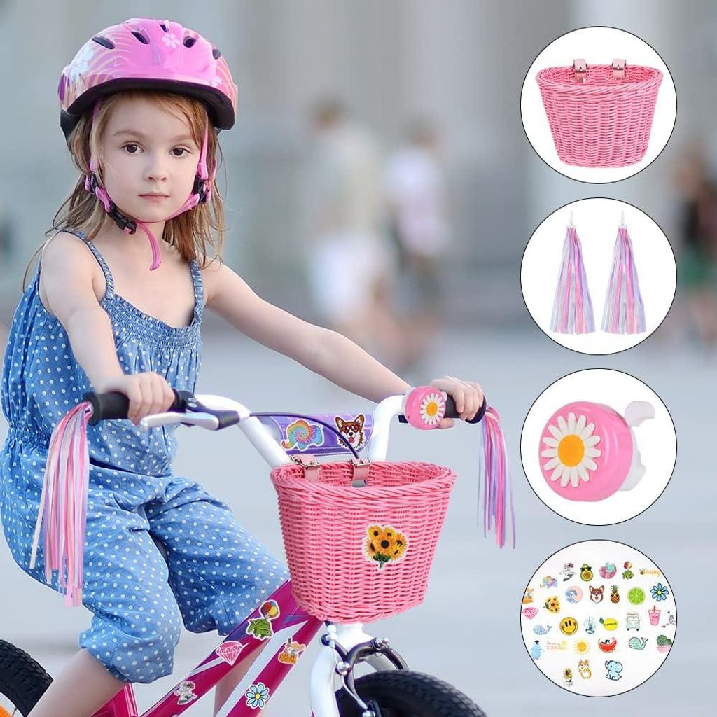 Fietskrat Kinderfietsmand Handgeweven Fietsmand Für Kinder Fietsmand Mit Fietsaccessoires Für Mädchen Jungen Kinder - Rosa Fietskrat