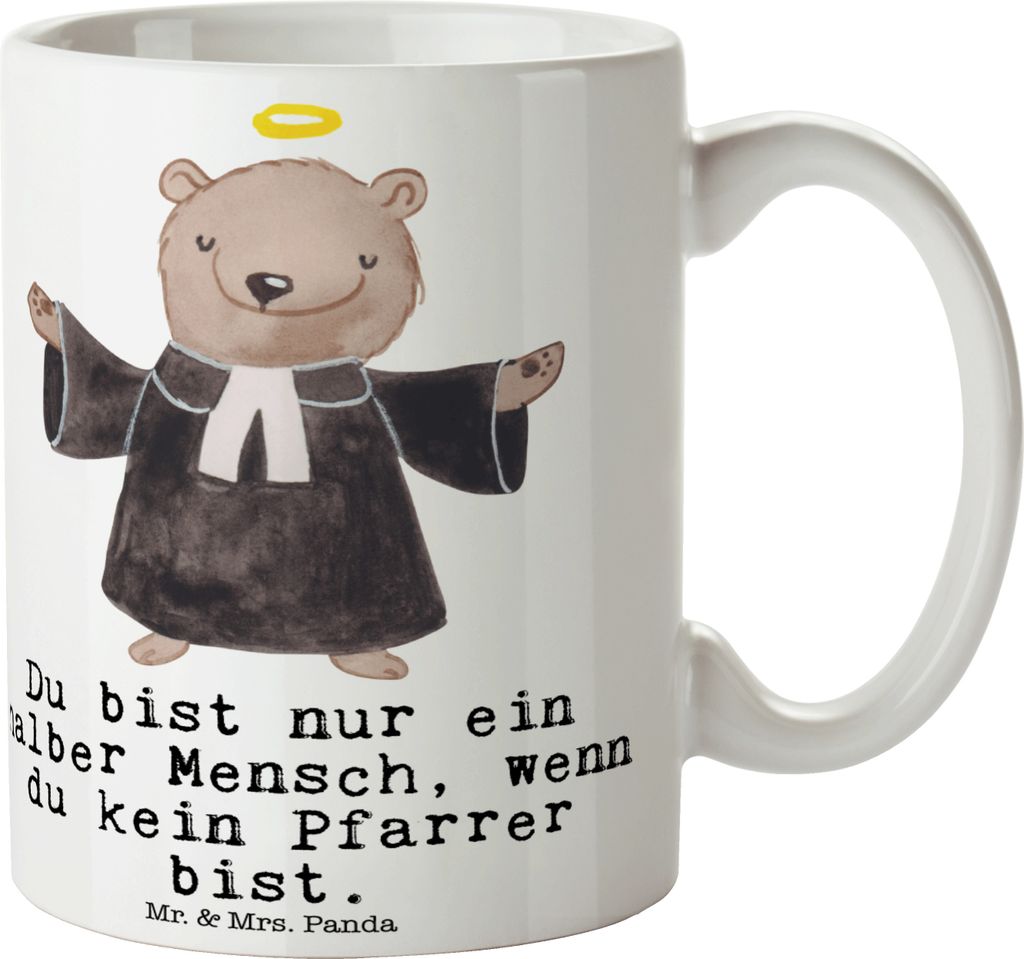 Mr. & Mrs. Panda Kaffeebecher Pfarrer Herz - Weiß - Geschenk, Tasse, Kaffeetasse, Pott, Pastor, Becher, Kirche, Lustig, Spruch, Teetasse