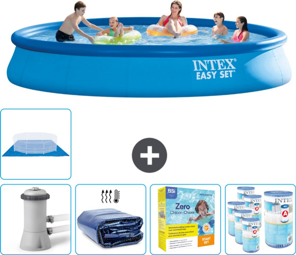 Intex runder aufblasbarer Easy Set-Schwimmpool – 457 x 84 cm – Blau – inklusive Pumpe Sonnensegel - Wartungspaket - Filter - Bodenplane