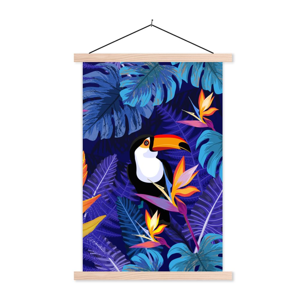 MuchoWow Textilposter Dschungel - Tukan - Blumen - Pflanzen - Kinder - Lila - Tiere 40x60 cm mit holzfarbenen Rahmen - Poster